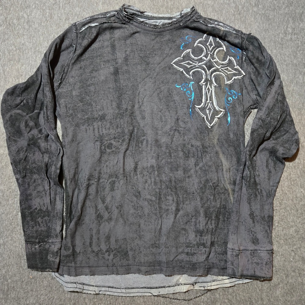Affliction Long Sleeve Thermal Shirt Mens 3XL Black Cross Wings Reversible Y2K